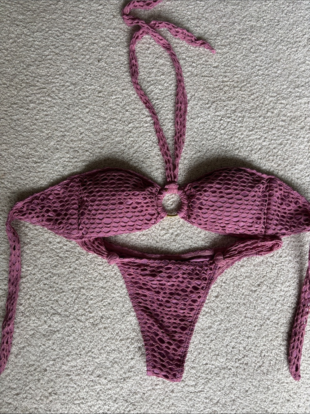 Mauve Crochet Halter Bikini Set with Decorative Ring
